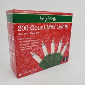 Merry Brite 200 Count Mini Lights Clear Bulb Green Wire Christmas Indoor Outdoor